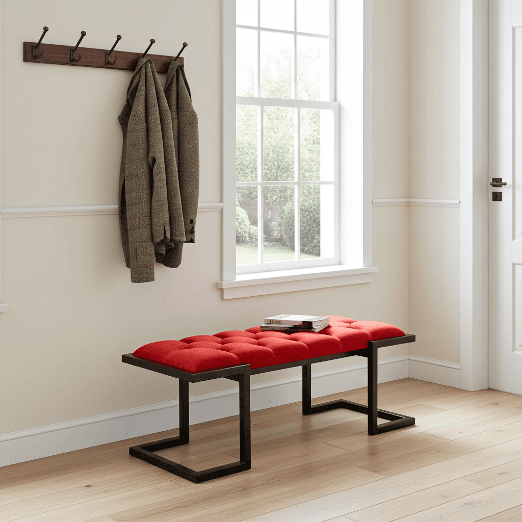 Metal-Framed Bench Vibrant Red Velvet Black Industrial Frame