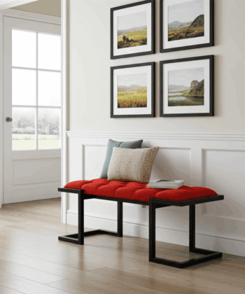 Metal-Framed Bench Vibrant Red Velvet Black Industrial Frame