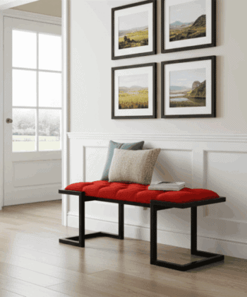 Metal-Framed Bench Vibrant Red Velvet Black Industrial Frame