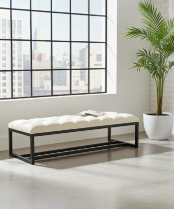 White Tufted Bench 140x40cm - Black Metal Frame