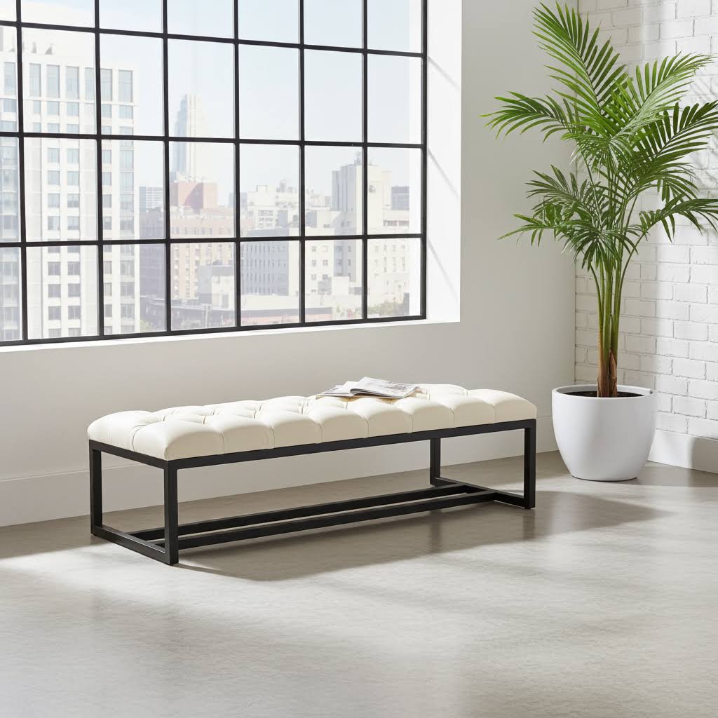 White Tufted Bench 140x40cm - Black Metal Frame
