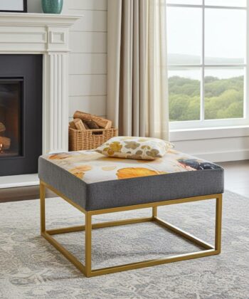 Cream Floral Square Ottoman 60x60cm Yellow Metal Frame