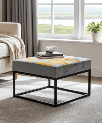 Cream Orange Floral Square Ottoman Black Metal Frame