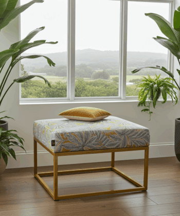 Gray Fabric Square Ottoman 60x60cm - Yellow Metal Frame