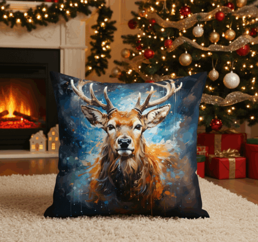 Handcrafted cushion featuring an artistic stag portrait, vibrant abstract background, in a cozy holiday setting with a fireplace and Christmas decorations.