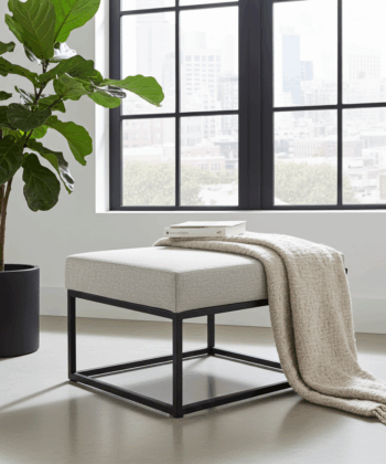 Light Gray Fabric Square Ottoman 60x60cm - Black Metal Frame