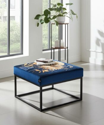 Navy Blue Floral Square Ottoman 60x60cm - Black Metal Frame