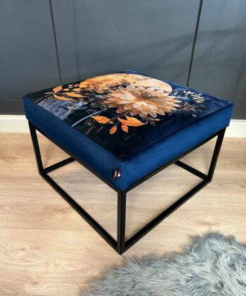 Navy Blue Floral Square Ottoman 60x60cm - Black Metal Frame