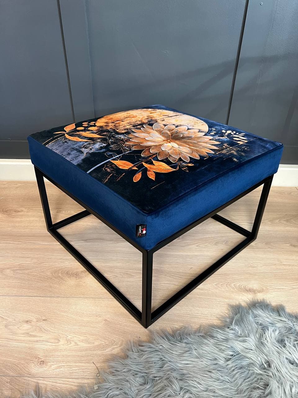 Navy Blue Floral Square Ottoman 60x60cm - Black Metal Frame