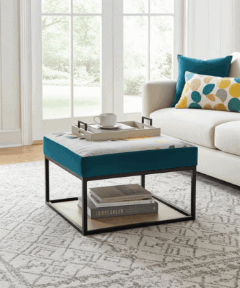 Teal Floral Coffee Table 60x60cm - Black Metal Frame