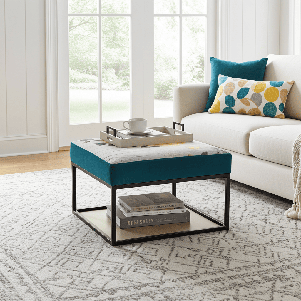 Teal Floral Coffee Table 60x60cm - Black Metal Frame
