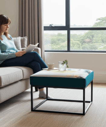 Teal Floral Coffee Table 60x60cm - Black Metal Frame