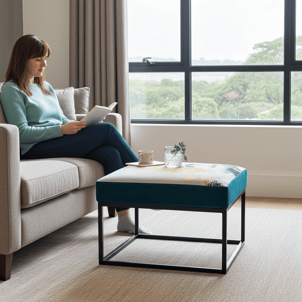 Teal Floral Coffee Table 60x60cm - Black Metal Frame