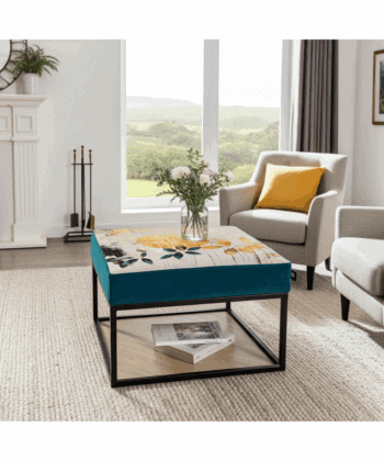 Teal Floral Coffee Table 60x60cm - Black Metal Frame