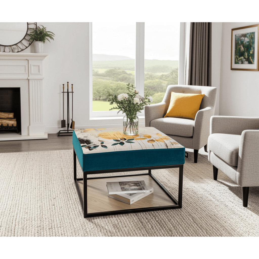 Teal Floral Coffee Table 60x60cm - Black Metal Frame