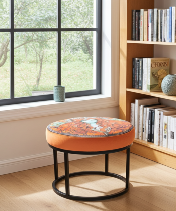 Round Orange Paisley Ottoman 60cm - Black Metal Frame