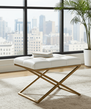 Modern Velvet Ottoman with Metal Frame, Upholstered Bench