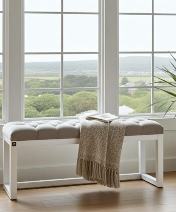 Beige Velvet Tufted Wooden Bench 100x30cm - White Alder Frame