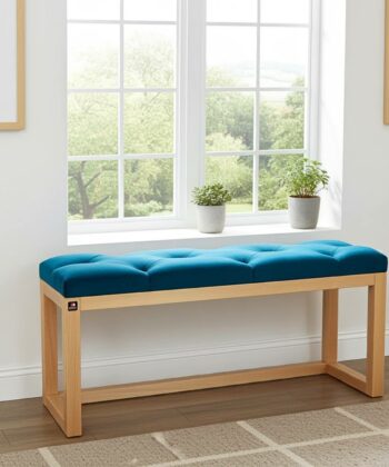 Blue Velvet Tufted Wooden Bench 100x30cm Natural Alder Frame