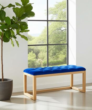 Blue Velvet Wooden Bench 100x40cm - Natural Alder Frame