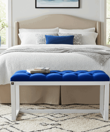 Blue Velvet Wooden Bench 100x40cm - White Alder Frame