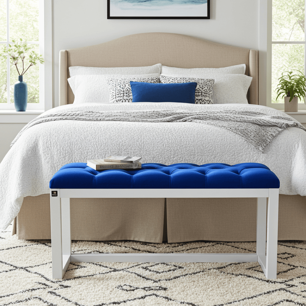 Blue Velvet Wooden Bench 100x40cm - White Alder Frame