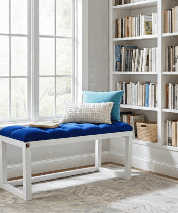 Blue Velvet Wooden Bench 100x40cm - White Alder Frame