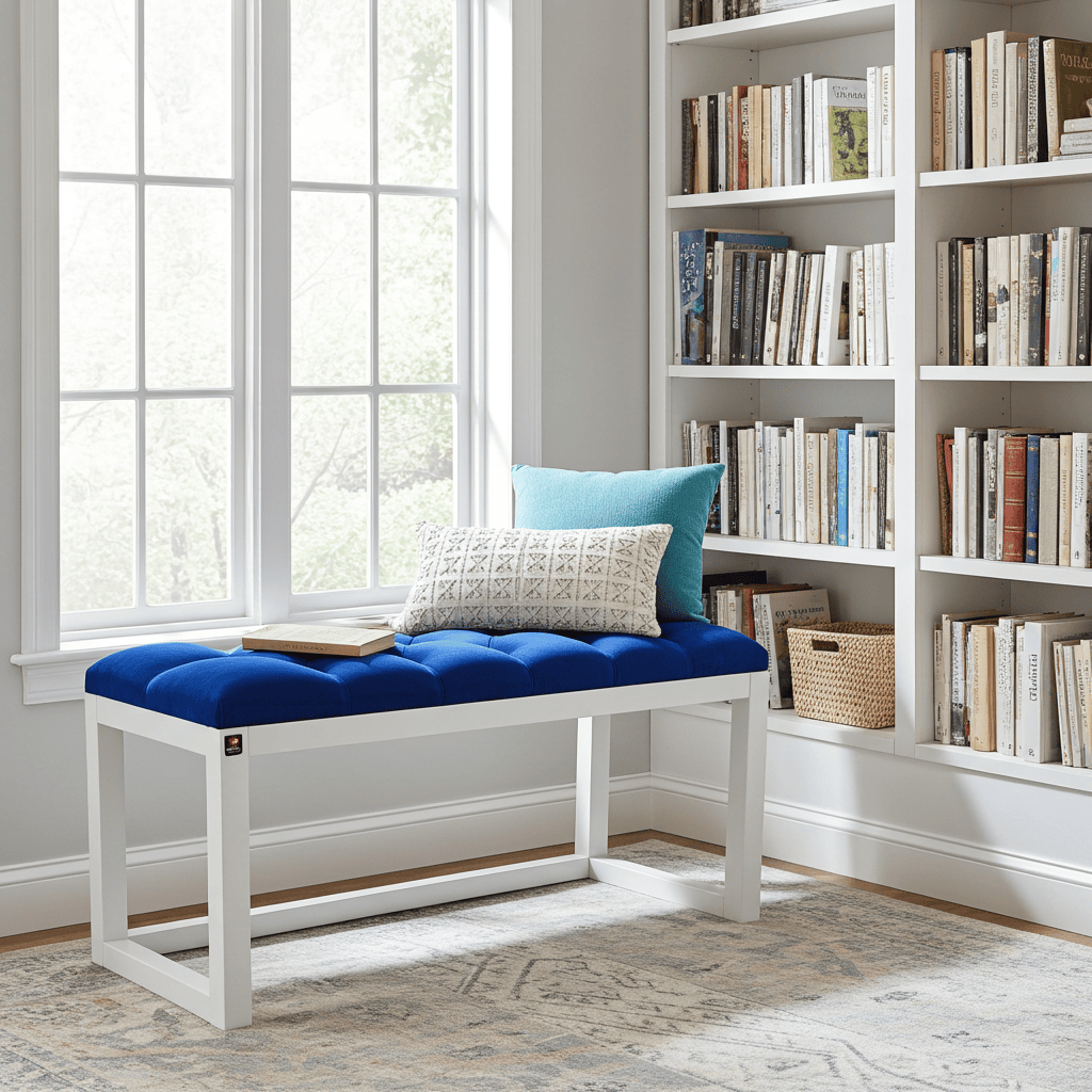 Blue Velvet Wooden Bench 100x40cm - White Alder Frame
