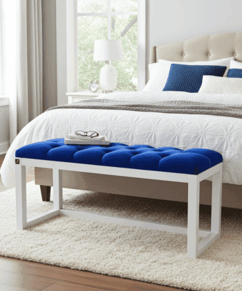 Blue Velvet Wooden Bench 100x40cm - White Alder Frame