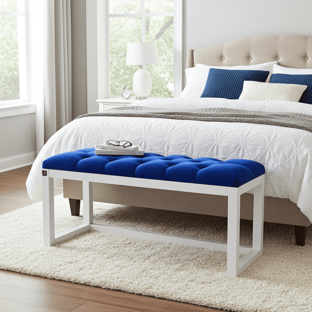 Blue Velvet Wooden Bench 100x40cm - White Alder Frame