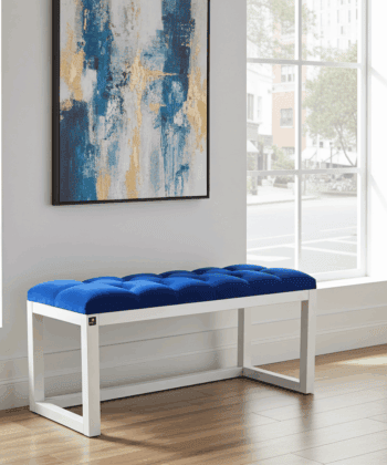 Blue Velvet Wooden Bench 100x40cm - White Alder Frame