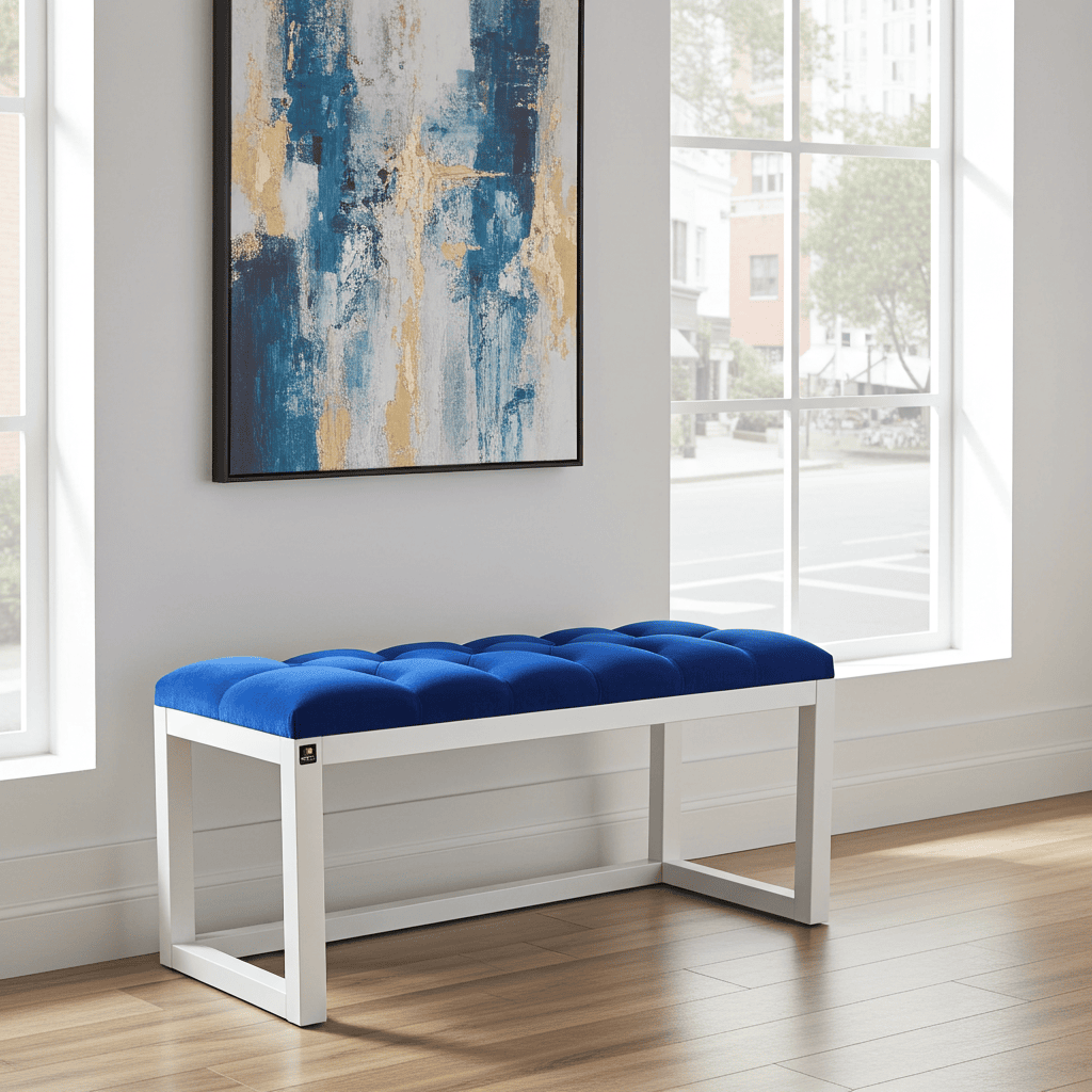 Blue Velvet Wooden Bench 100x40cm - White Alder Frame