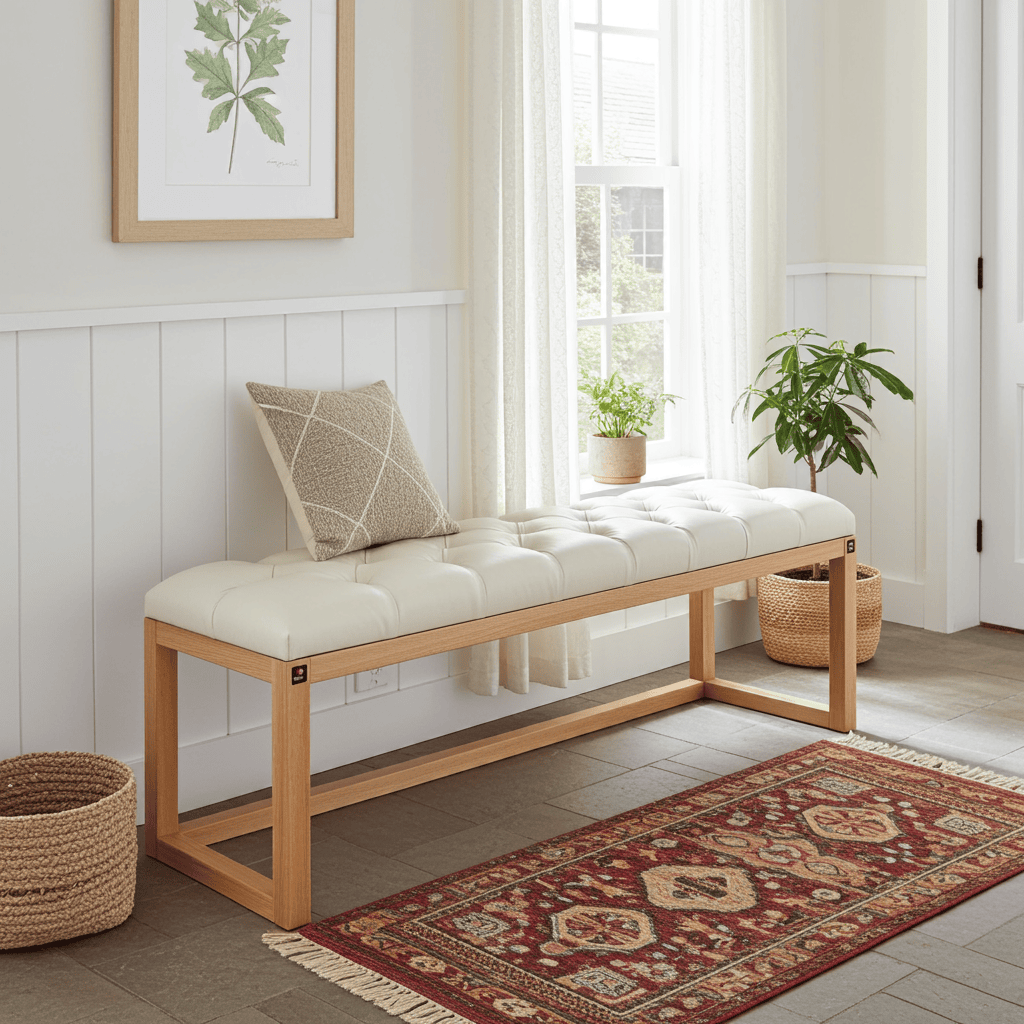 Cognac Eco-Leather Tufted Bench 140x40cm Natural Alder Frame
