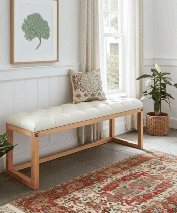 Cognac Eco-Leather Tufted Bench 140x40cm Natural Alder Frame