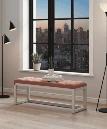 Coral Pink Velvet Tufted Wooden Bench  White Alder Frame