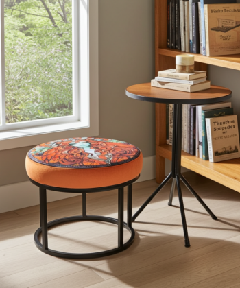 Round Velvet Bench Coffee Table Red Floral Pattern Metal Frame