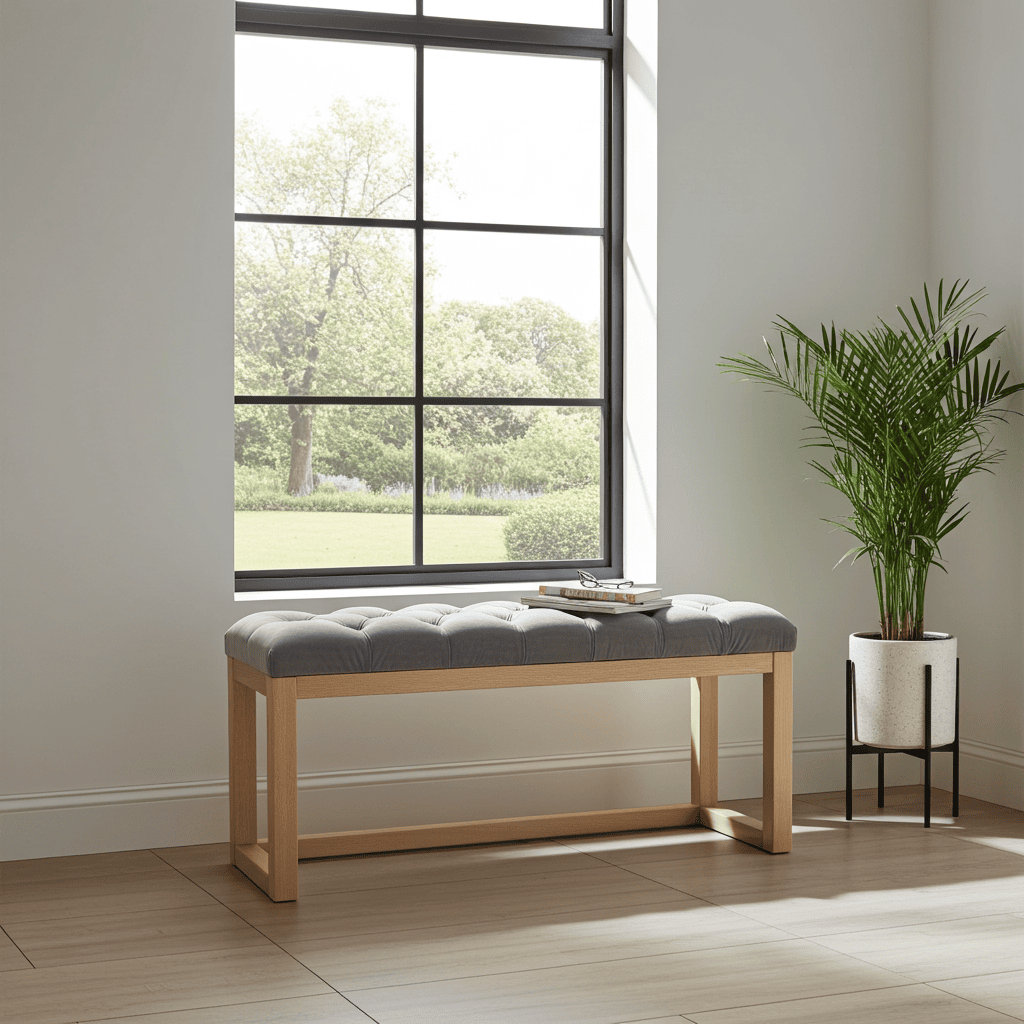 Gray Velvet Tufted Wooden Bench Natural Alder Frame