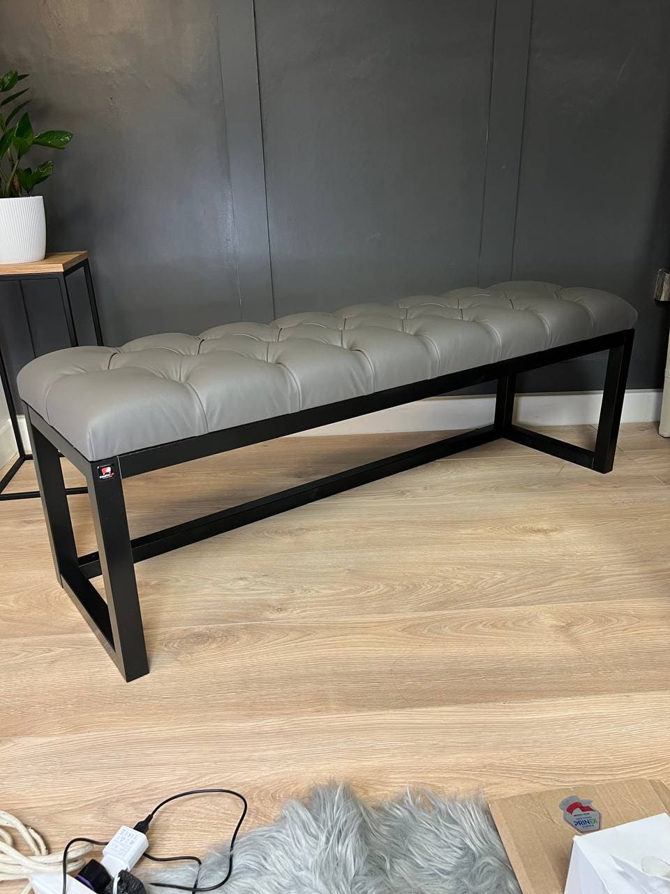 Grey Eco-Leather Long Bench 140x40cm