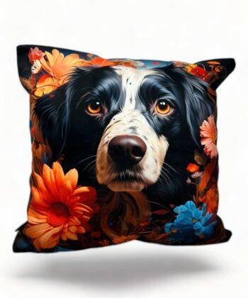 Handcrafted Border Collie Pillow with Autumn Flowers