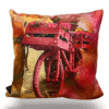 Handcrafted Decorative Cushion – Red Bicycle with Flowers Print