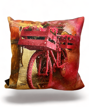 Handcrafted Decorative Cushion – Red Bicycle with Flowers Print