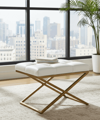 Modern Velvet Ottoman with Metal Frame, Upholstered Bench