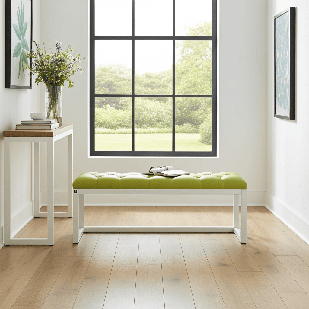 Olive Green Eco-Leather Bench 140x40cm White Alder Frame