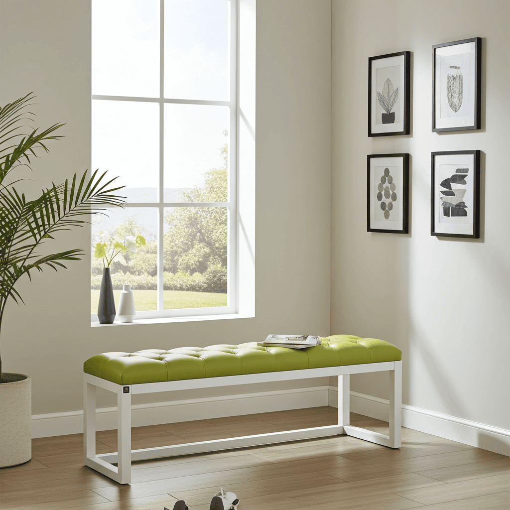 Olive Green Eco-Leather Bench 140x40cm White Alder Frame