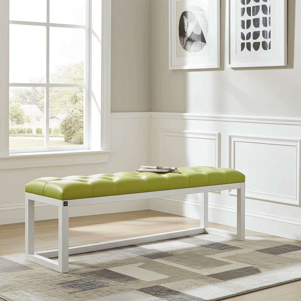 Olive Green Eco-Leather Bench 140x40cm White Alder Frame