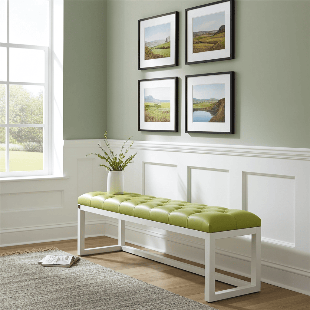 Olive Green Eco-Leather Bench 140x40cm White Alder Frame
