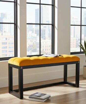 Orange Velvet Tufted Wooden Bench 100x30cm Black Alder Frame