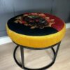 Round Burgundy Floral Ottoman 60cm - Black Metal Frame
