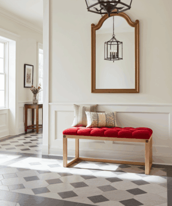 Red Velvet Tufted Wooden Bench 100x40cm - Natural Alder Frame