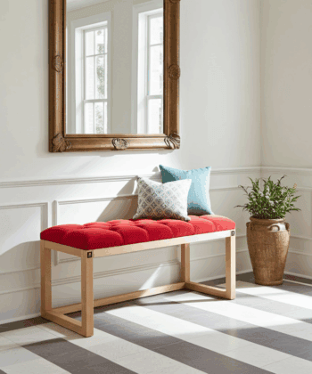 Red Velvet Tufted Wooden Bench 100x40cm - Natural Alder Frame
